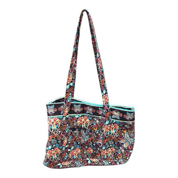 Floral Paisley Quilted Shoulder Bag Floral Print Brown Blue Overnight Tote Boho - Picture 2 of 11